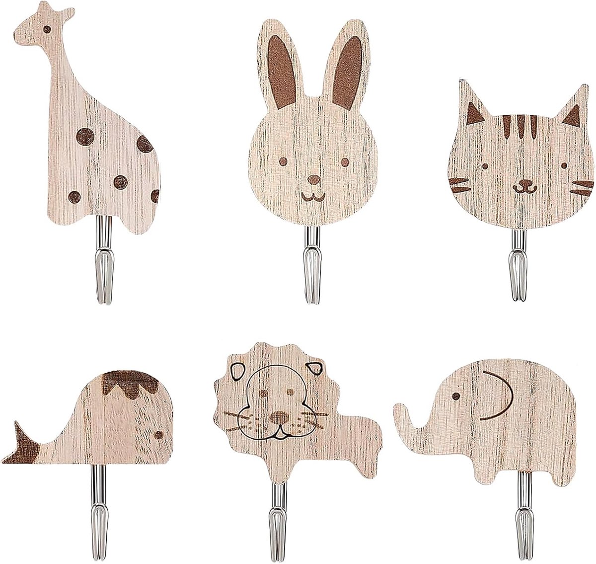 Houten dieren wandhaken - 6 stuks - zelfklevend - schattige dieren voor kinderkamer - ShopVlot