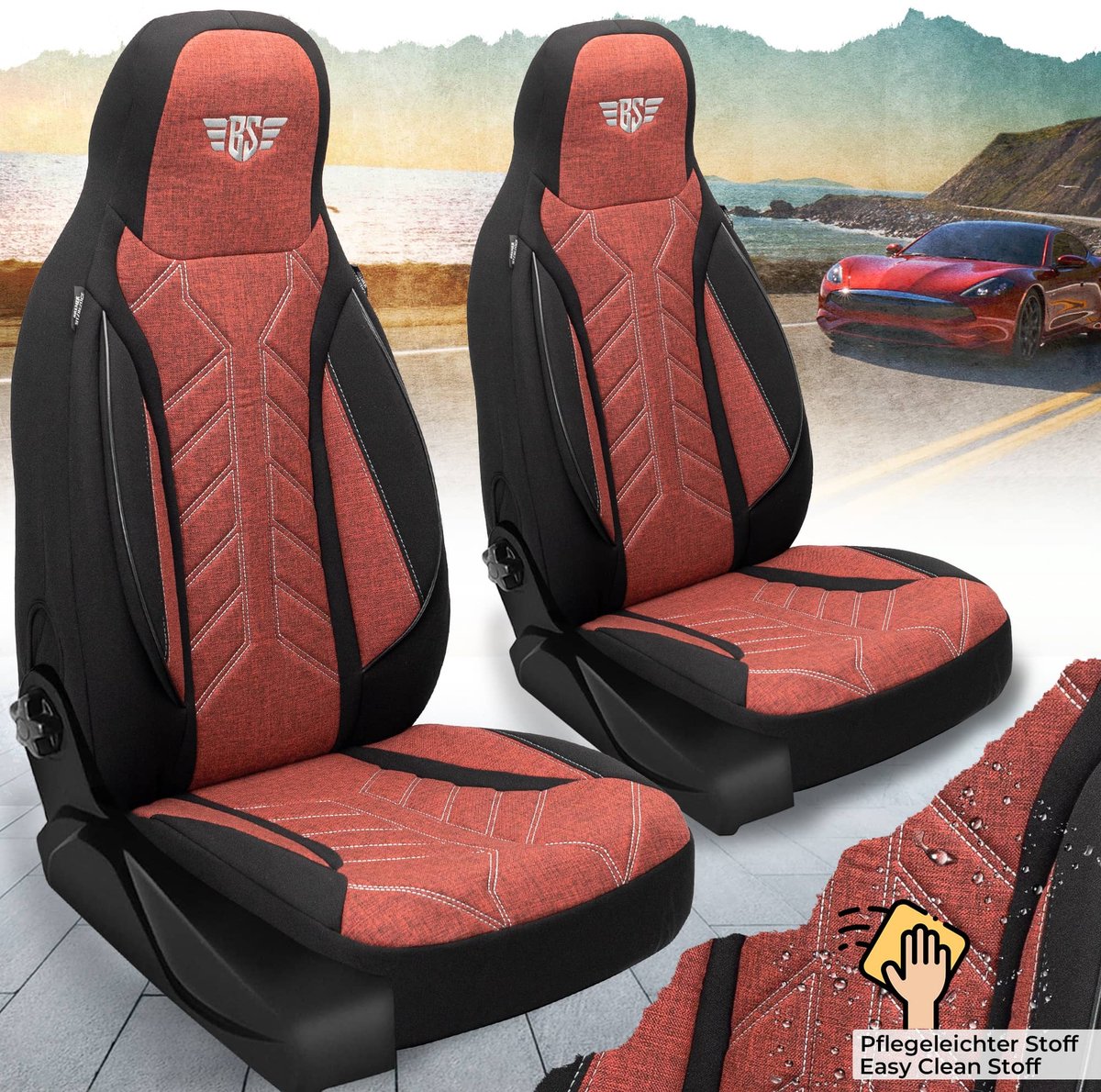 Autostoelhoezen voor Peugeot Bipper Tepee BJ 2008-14 – Stoelhoezen voor bestuurder en passagier in Zwart/Rood