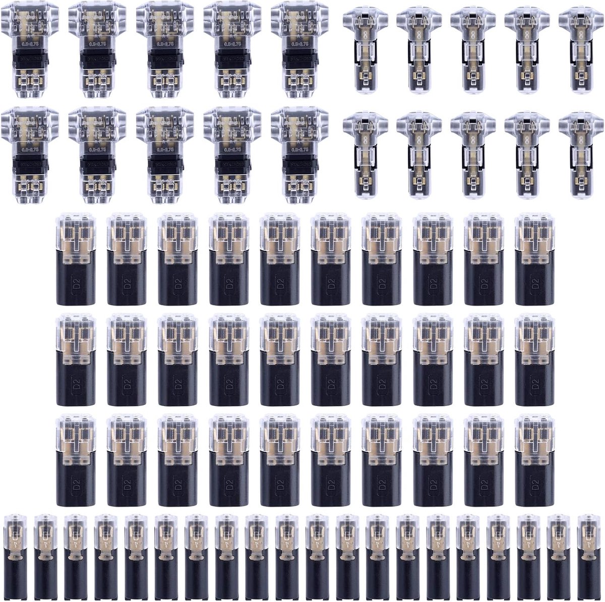 70st Draadconnectoren 18-22 AWG T- & I-Tap Verbindingsstukken | Soldeerloze Draadconnectorenset Spanning Messing 1/2-Pins T & I-Tap Verbindingsstukken voor Auto-LED-Licht en DIY Verkabelung