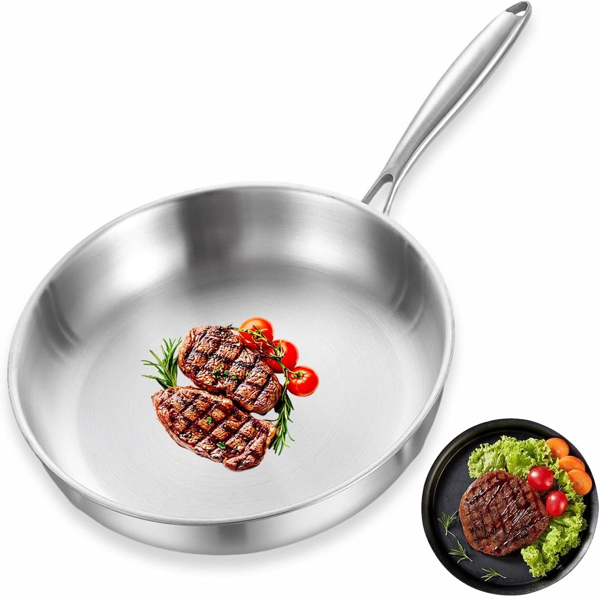 IFCOW Roestvrijstalen koekenpan, 35,5 cm Tri-Ply roestvrijstalen pan zonder coatings koekenpan, snelle verwarming 20% energiebesparend, hittebestendig tot 400 ℃, alle kookplaten compatibel