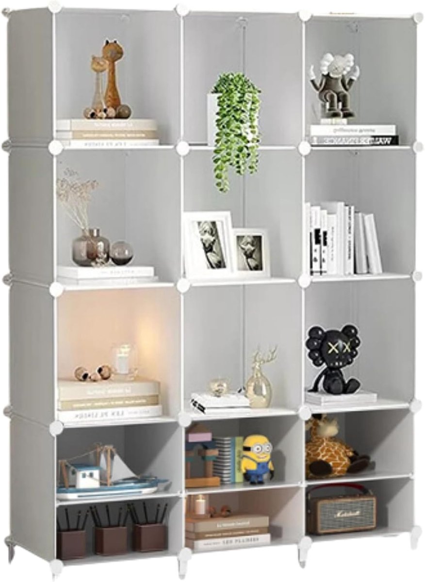 rekken, Rekken met Modules,Modulaire Rek, 12 OpbergvakkenOpbergruimte in Kubussen, Kunststof Boekenkast, voor Schoenen, Kleding, Boeken, Eenvoudige Montage, Kledingkast, Wit.