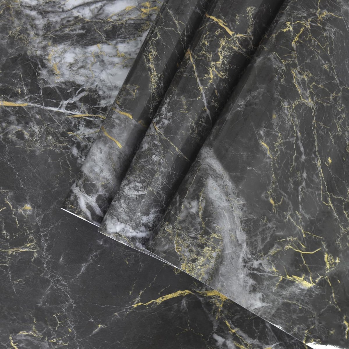 Marmeren plakfolie, zelfklevend, hoogglans, zwart, goud, glanzend, voor keuken, werkblad, meubels, woonkamer, 40 x 900 cm, behang, kastfolie, meubelfolie, zwart, goud, marmerfolie, keuken