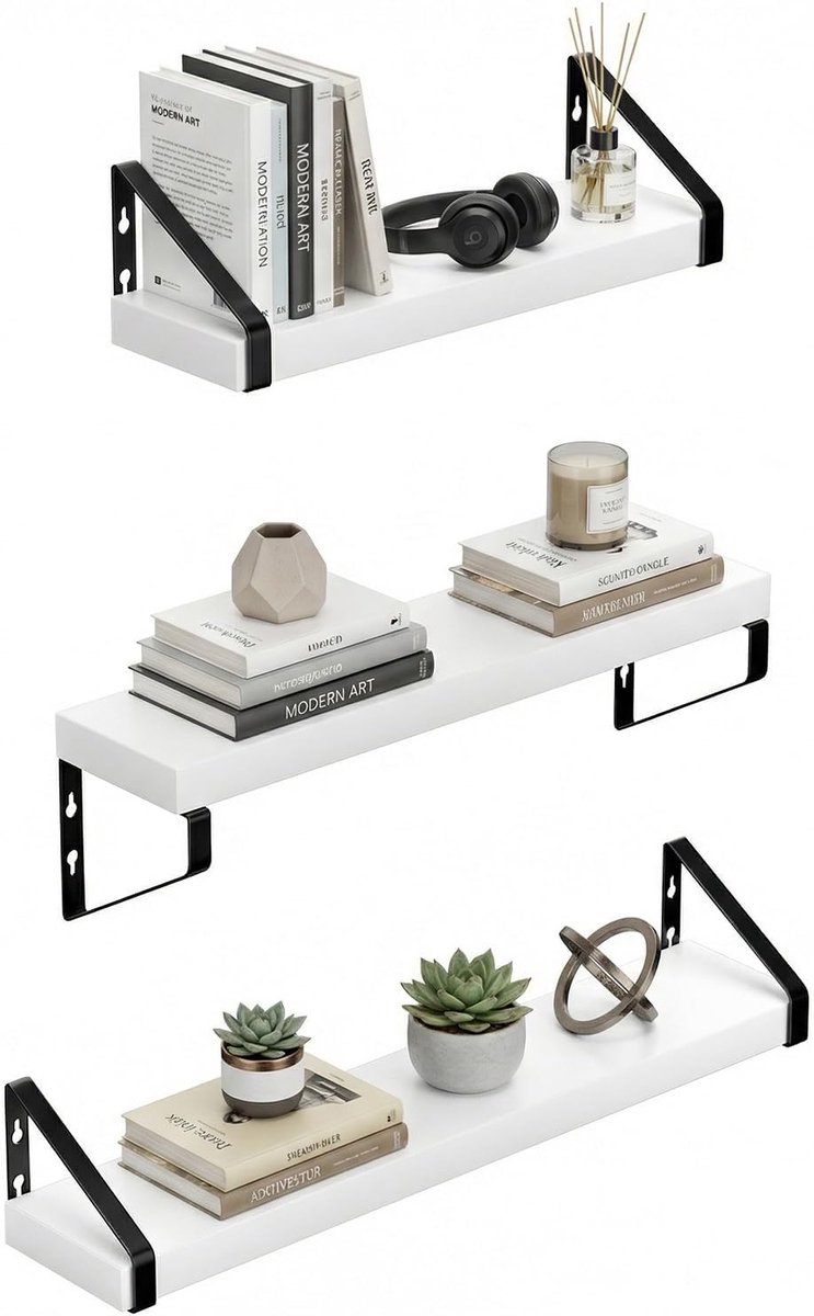 Wandplankenset van hout en metaal, 40/50/60 cm, voor woonkamer, slaapkamer, kantoor, badkamer of keuken, wit, 3 stuks