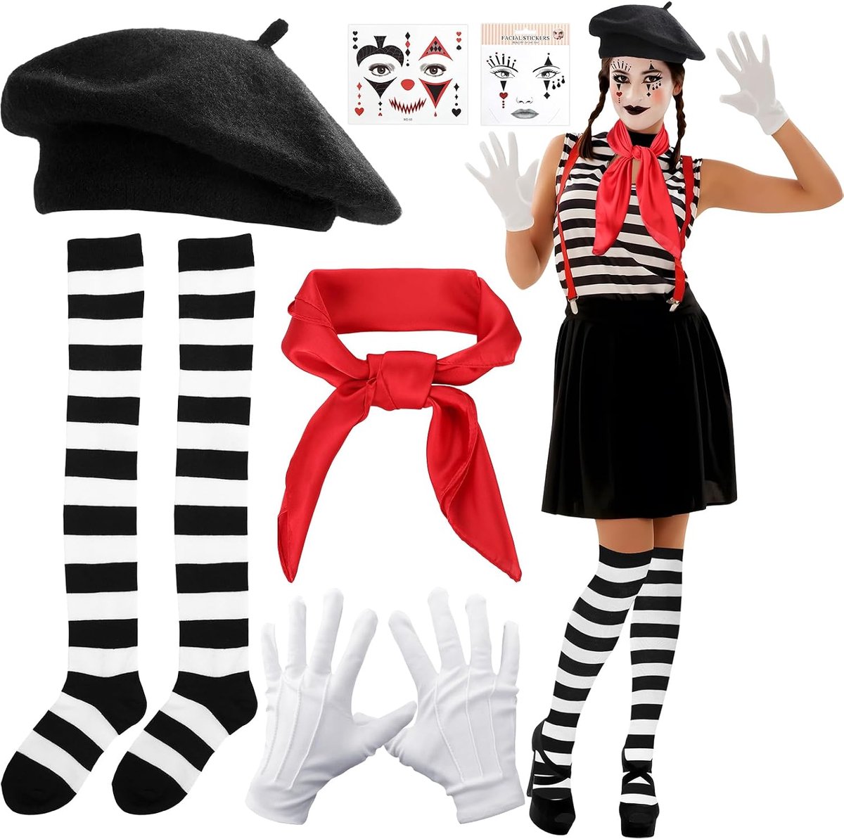 6 stuks pantomime kostuumset voor dames en heren, complete carnavalskostuum met baret, halsdoek, handschoenen, 2 gezichtstattoos en gestreepte sokken, carnavalskostuum voor themafeest, theater