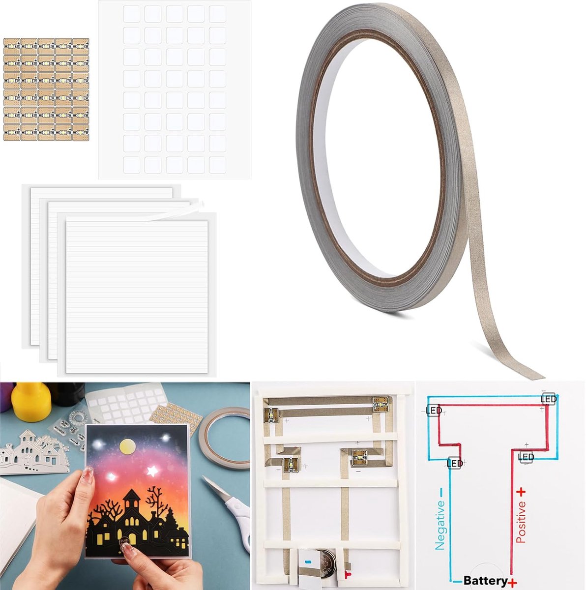 LED-circuitstickers en geleidende stoffen tape, lichte knutselset mini-starterskit voor ambachten, 30 stuks/set witte LED-verlichting, 10 m geleidende stoffen tape en 93 strips plakband voor