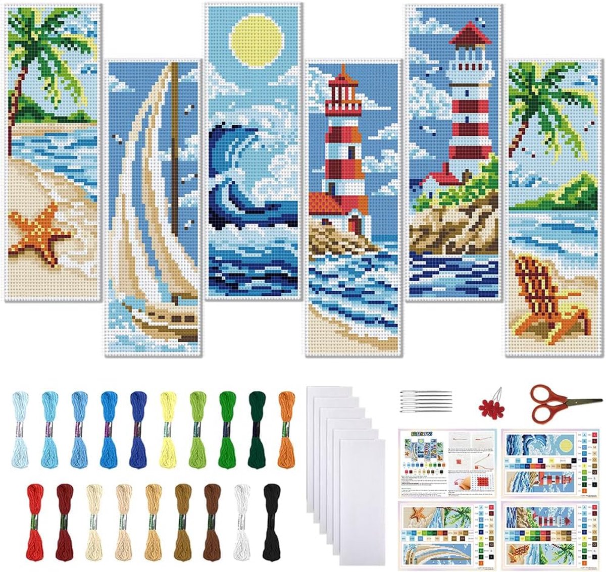 6 Set Kruissteek Bladwijzer Kit voor Volwassen Beginners 11CT DIY Borduurwerk Bladwijzers Strand Landschap Gestempeld Kruissteek Kits Borduurkit voor Gift 8x2.4 inch