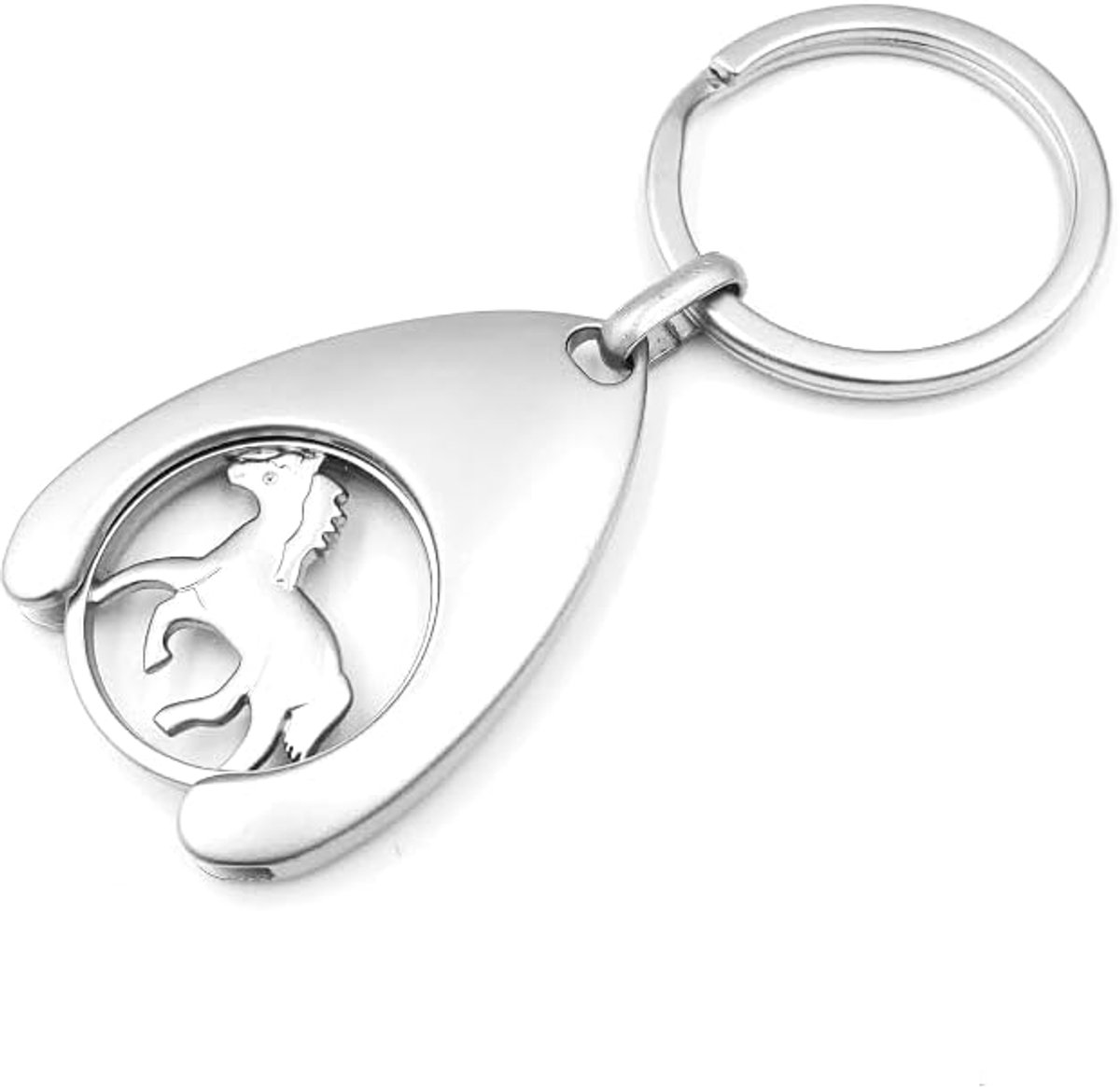 Sleutelhanger met winkelwagenmuntje winkelwagenontgrendelaar winkelwagenmuntje chip tool paard rijden metalen waterdruppelvorm zilver, pony hardlopen, 7.5 cm