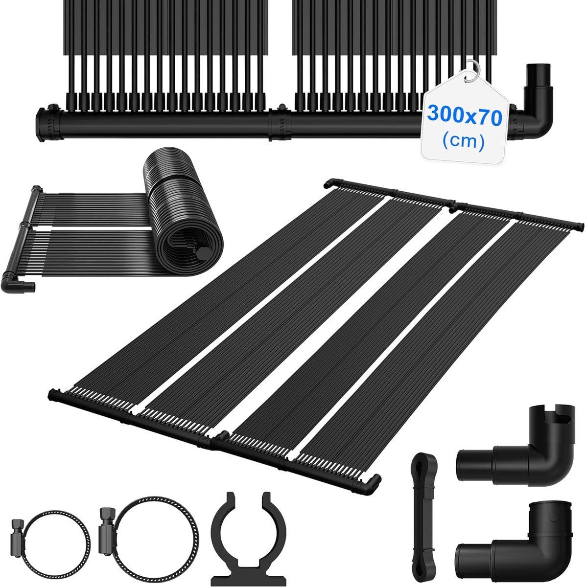 Zonneverwarming, zonnecollector voor zwembad, warmwaterverwarming, zwembadverwarming op zonne-energie, zonnemat, zwembadverwarmingsmat van NBR+PVC, naar wens uitbreidbaar, zwart, 300 x 70 cm