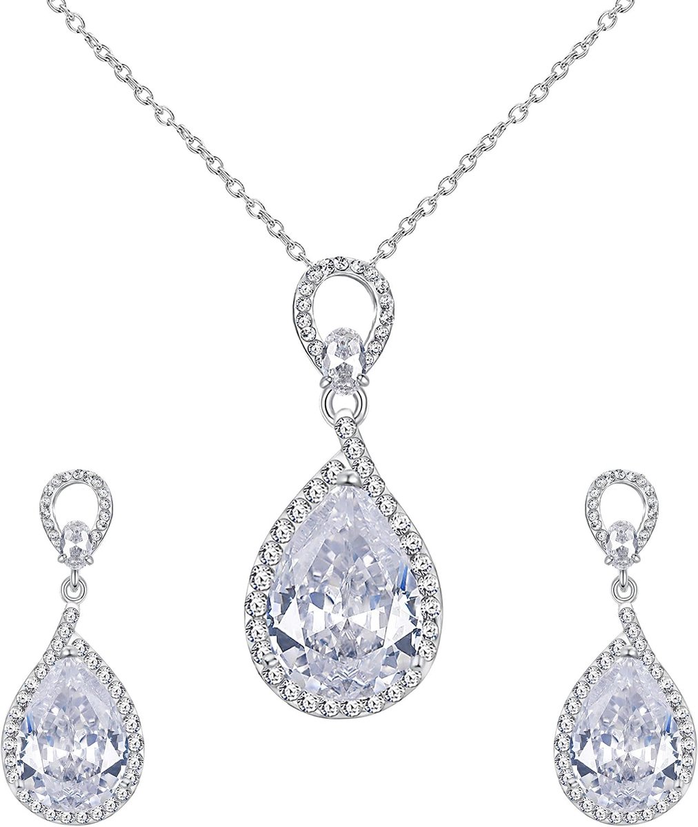 FAITH Crystal Zirkoon Kubieke Bruiloft Elegante Waterdruppel Hanger Ketting+Oorbellen Sets Helder Zilvertint, Kristal, Kubieke Zirkonia, Kubieke Zirkonia