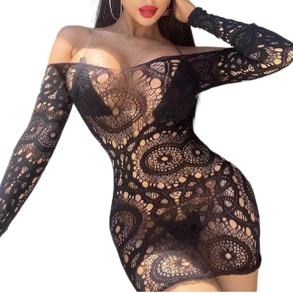 strapless lange mouwen visnet net nauwsluitende mini-jurk outfit rekbare doorschijnende holle lingerie schoudervrij nachtkleding clubwear kant bodysuit cocktail party jurk