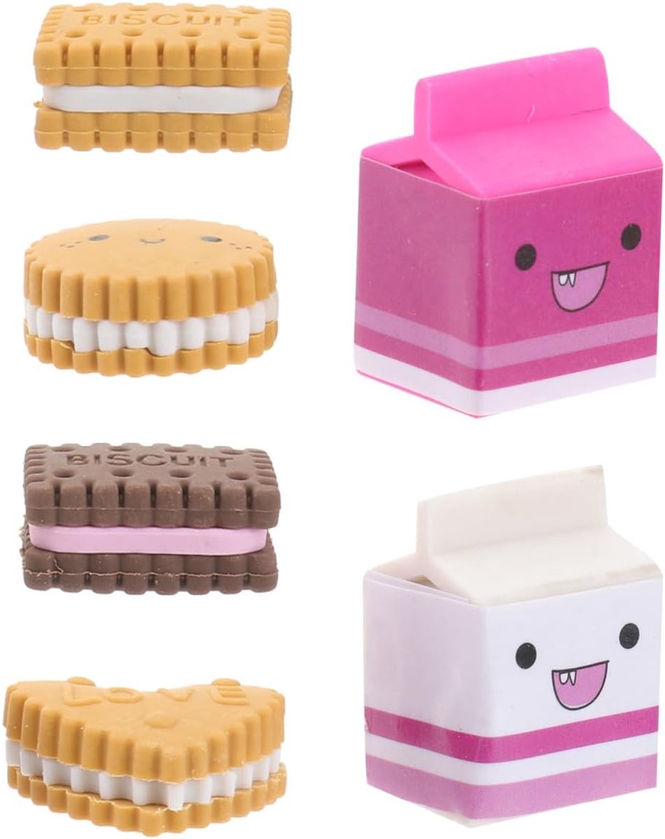 Set van 6 gummetjes voor kinderen, schattige kawaii-koekjes en melk-gum, stofvrije schrijfwaren, esthetische schoolbenodigdheden, grappig cadeautje voor de eerste schooldag voor meisjes