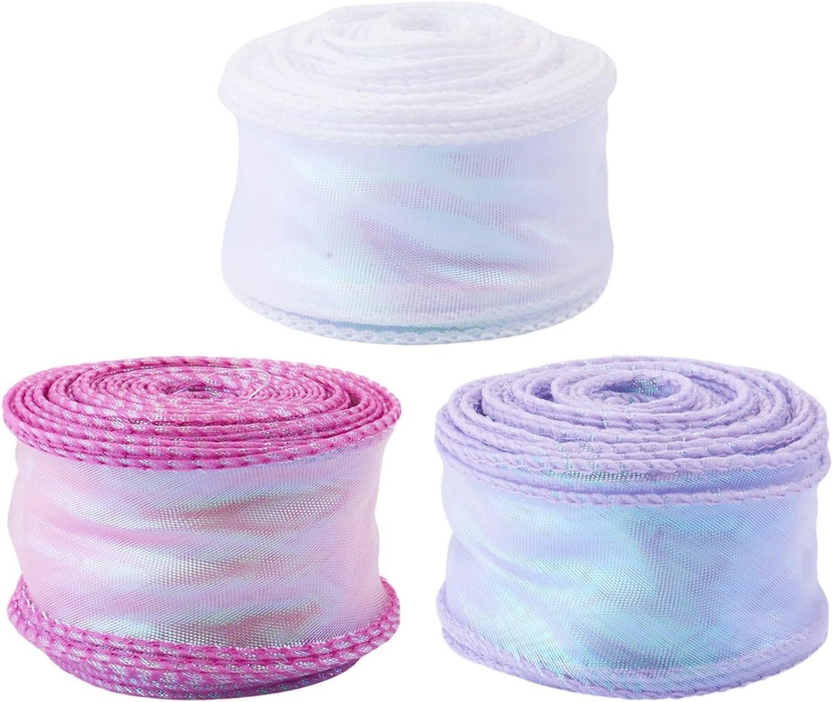 3 rollen doorschijnend glinsterend lint, vissenstaart, iriserend lint, 40 mm × 9 meter, organza linten voor geschenkverpakking, strik, doe-het-zelf handwerk, bruiloftsfeestdecoratie, wit/lila