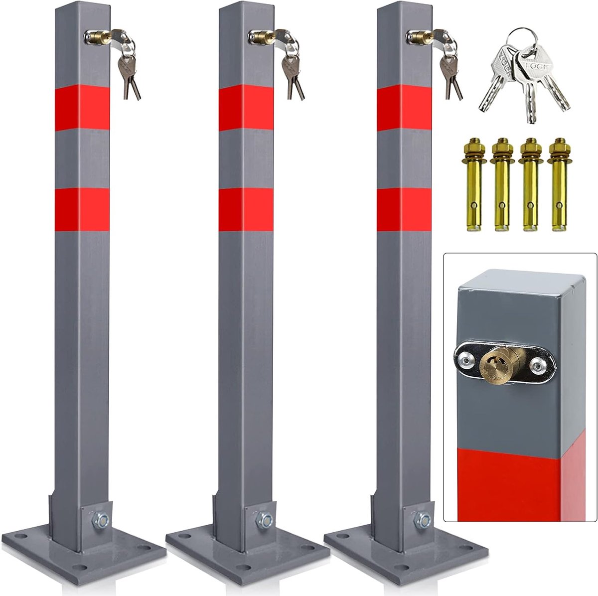 Parkeerpalen, afsluitpalen, inklapbaar, robuust en stabiel, parkeerblokkering, wegblokkering, blokkeerpalen, parkeerbarrière met 9 sleutels, set van 3