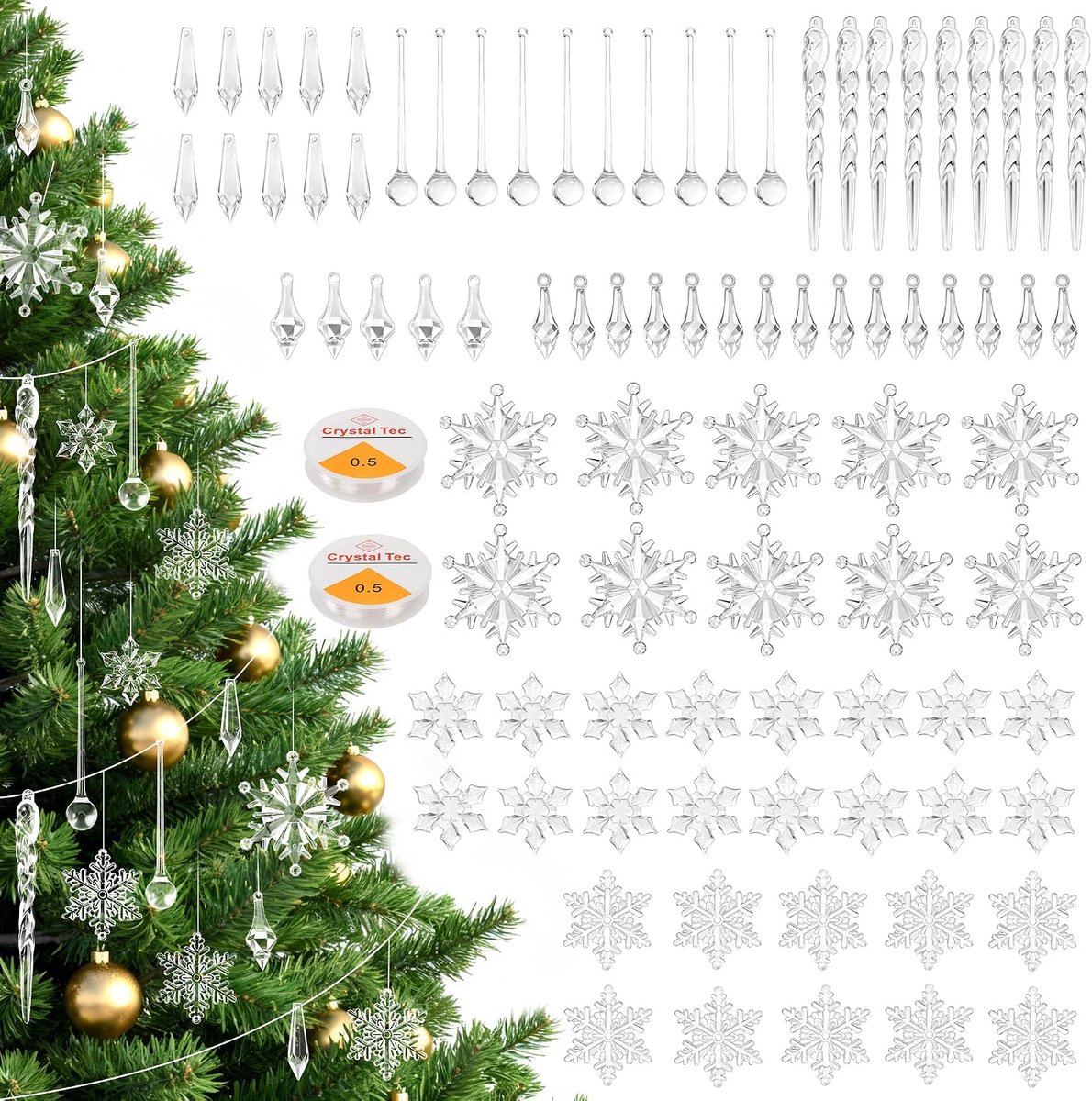 kerstdecoratie, 87 stuks, transparant, acryl, hangende decoratie, kerstboom, ijspegels, sneeuwvlokken, voor feestjes, doe-het-zelven, huis, bruiloft, winterraam