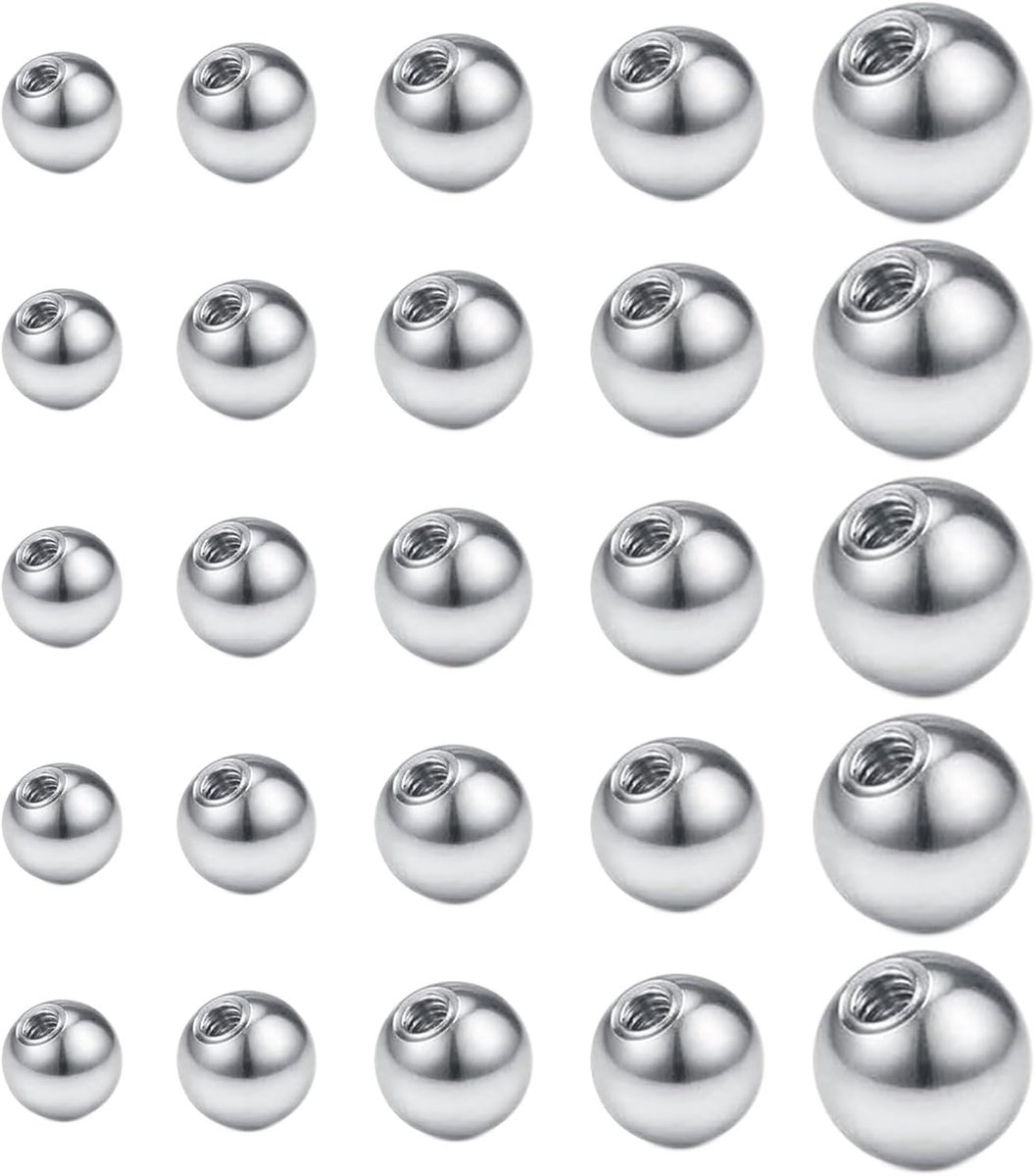 25 piercingballen, 1,2 mm, zilver, reservebal om te schroeven, 3 mm, 4 mm, 5 mm, 6 mm, voor neuspiercing, lip, wenkbrauwen, roestvrij staal