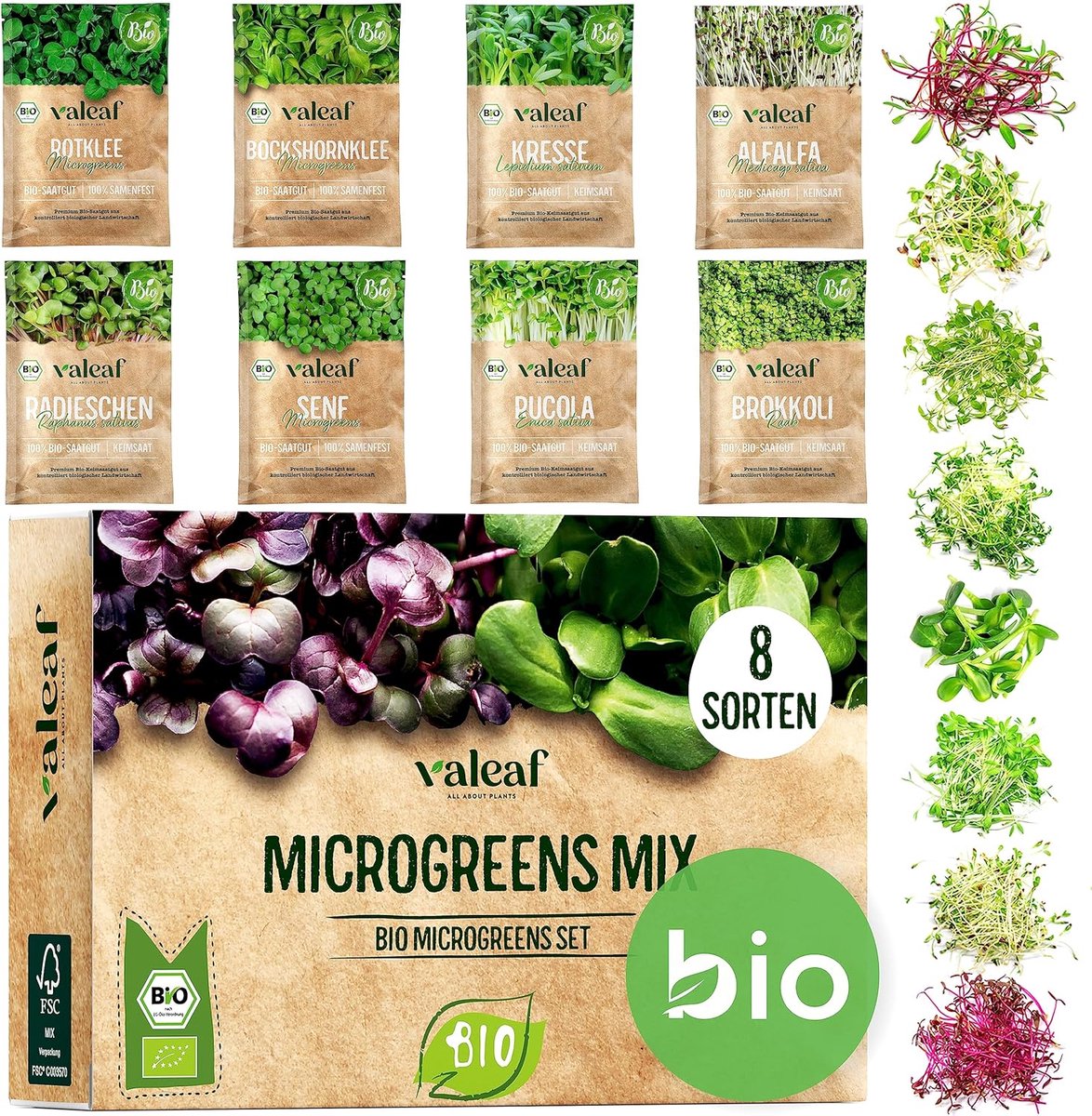 Microgreens Set I | 8 soorten kiemzaden plantset with kiemscheutjes en microgreens zaden | incl. tuinkerszaad alfalfa zaden | zaden kweekset microgreens kit voor kiemen kiemmachine