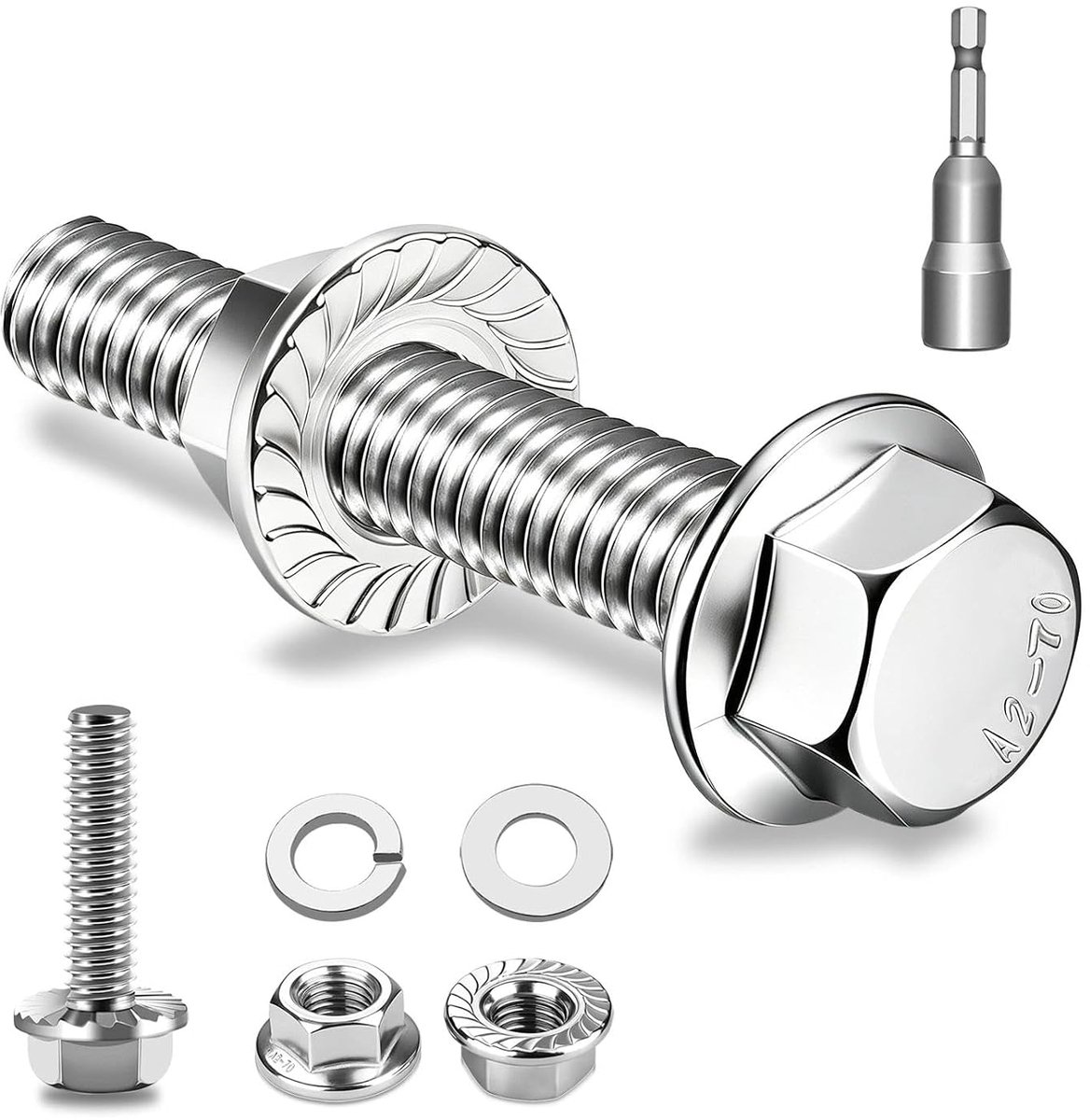 15 stuks M8 x 35 mm zeskantschroeven, schroevenset, roestvrij staal A2 70, volledige schroefdraad, zeskant flankmoeren, sluitringen, steeksleutel