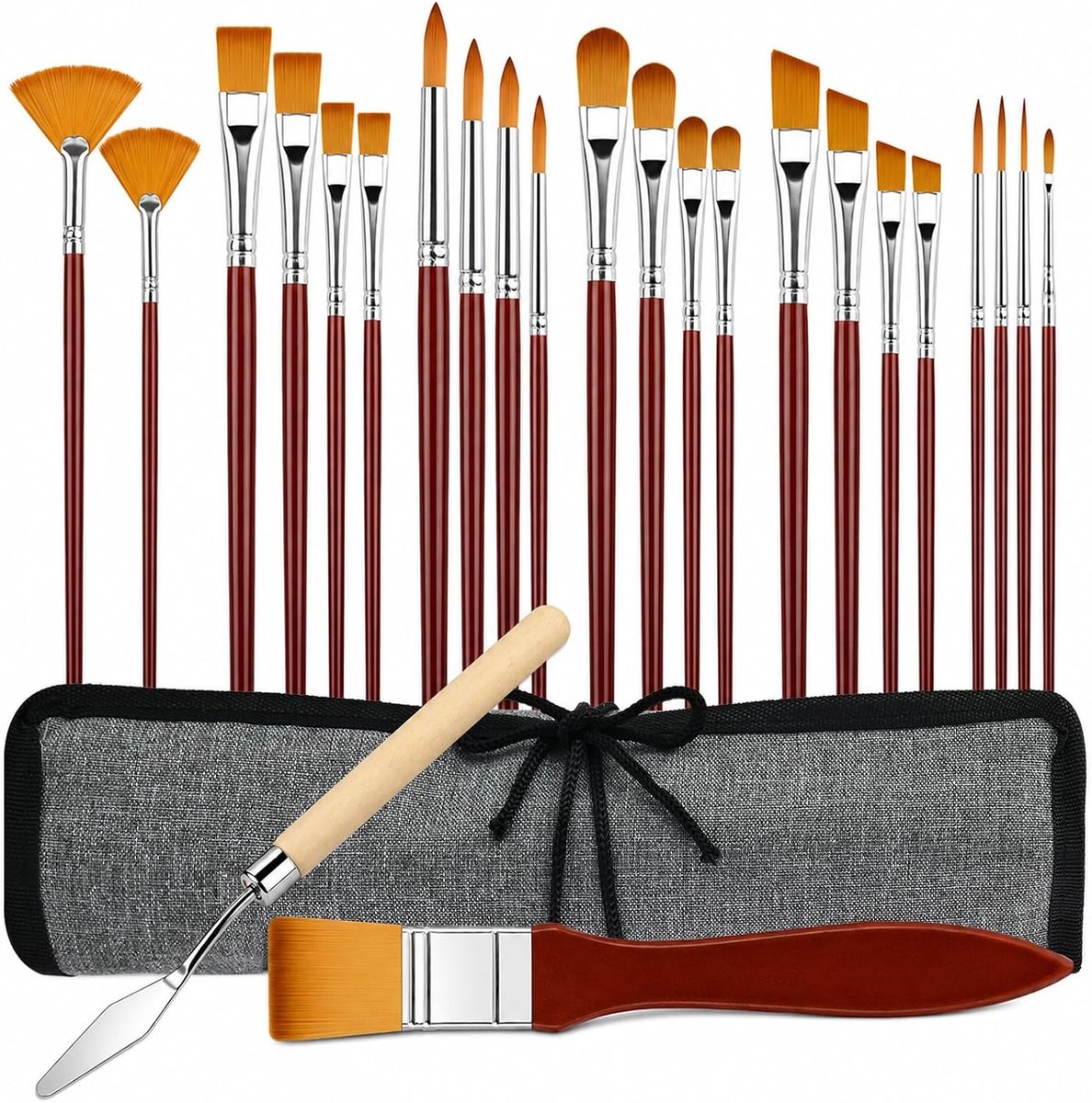 Penseelset Acrylverf, 24-Delige Kunstenaarskwastenset met Tas en Schilderspatel, Anti-Haarverlies, Nylon, voor Canvas, Steenschilderen, Olie en Gouache, voor Beginners