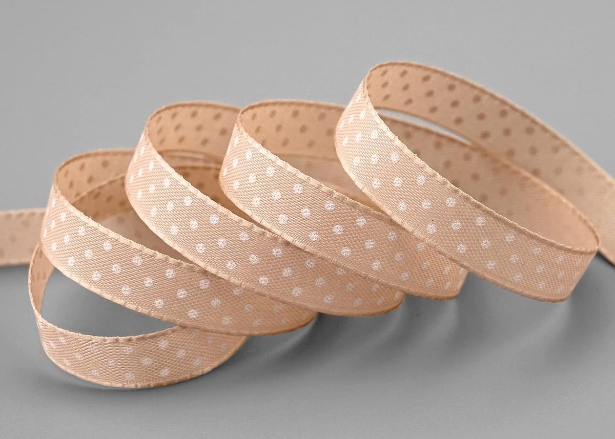 25 m x 10 mm taftlint, enkelzijdig bedrukt met stippen beige zand vormvast zonder draad, decoratieband, lint, cadeaulint, Pasen, voorjaar, kinderen, gestippeld, vrolijk
