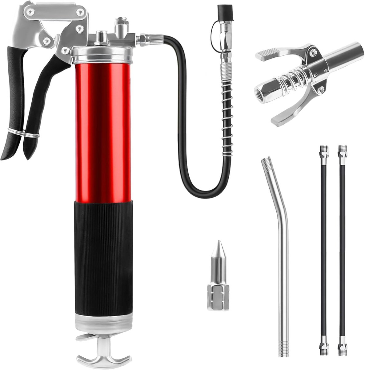 Vetspuit Set 8000 PSI Vetspuit voor smeernippels met flexibele slang en vetspuit mondstuk, eenhand vetspuit voor 400g cartridges smeerpersen Manuele vetspuit met pistoolgreep - Rood