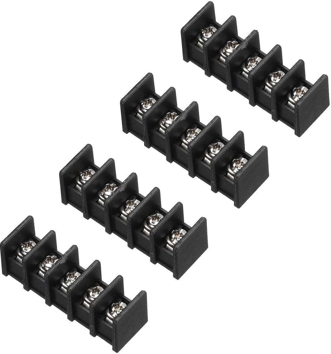 Klemmenblok met 5 posities, 4,25 x 1,61 cm, 300 V, 20 A, stap 8,25 mm, PA66, eenvoudige montage op printplaten, schroefklemmen, 4 stuks, zwart