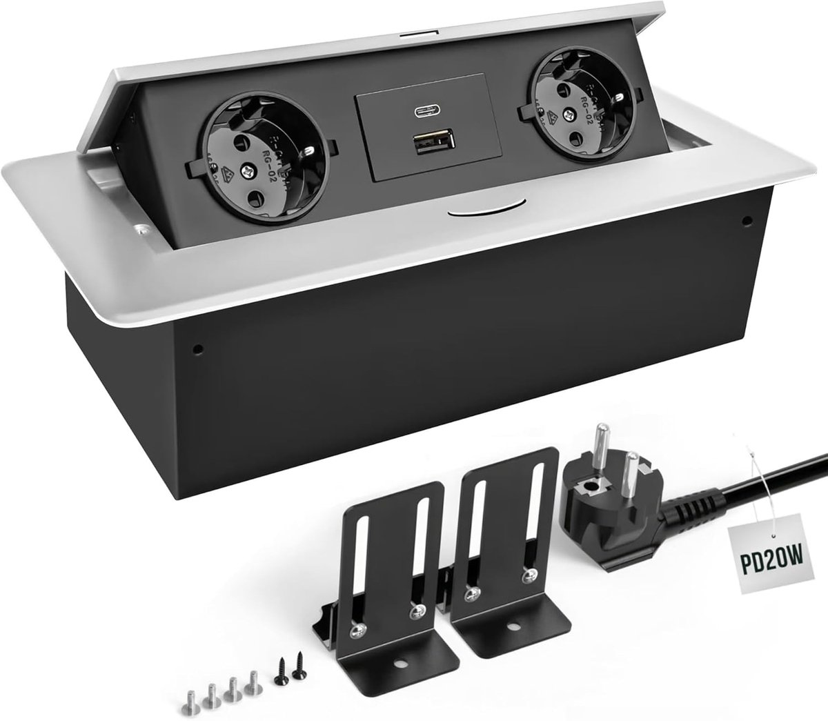 Stopcontact, inbouwstopcontact met PD20W, USB-C snellaadfunctie, tafelstopcontact voor bureau, keukenwerkblad, zilver