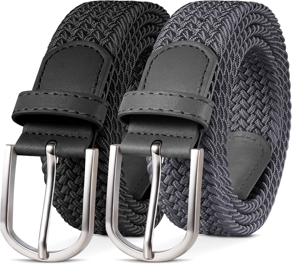 2-pack elastische riem, stoffen gevlochten riem voor dames en heren 33 mm breed, maten 90–140 cm