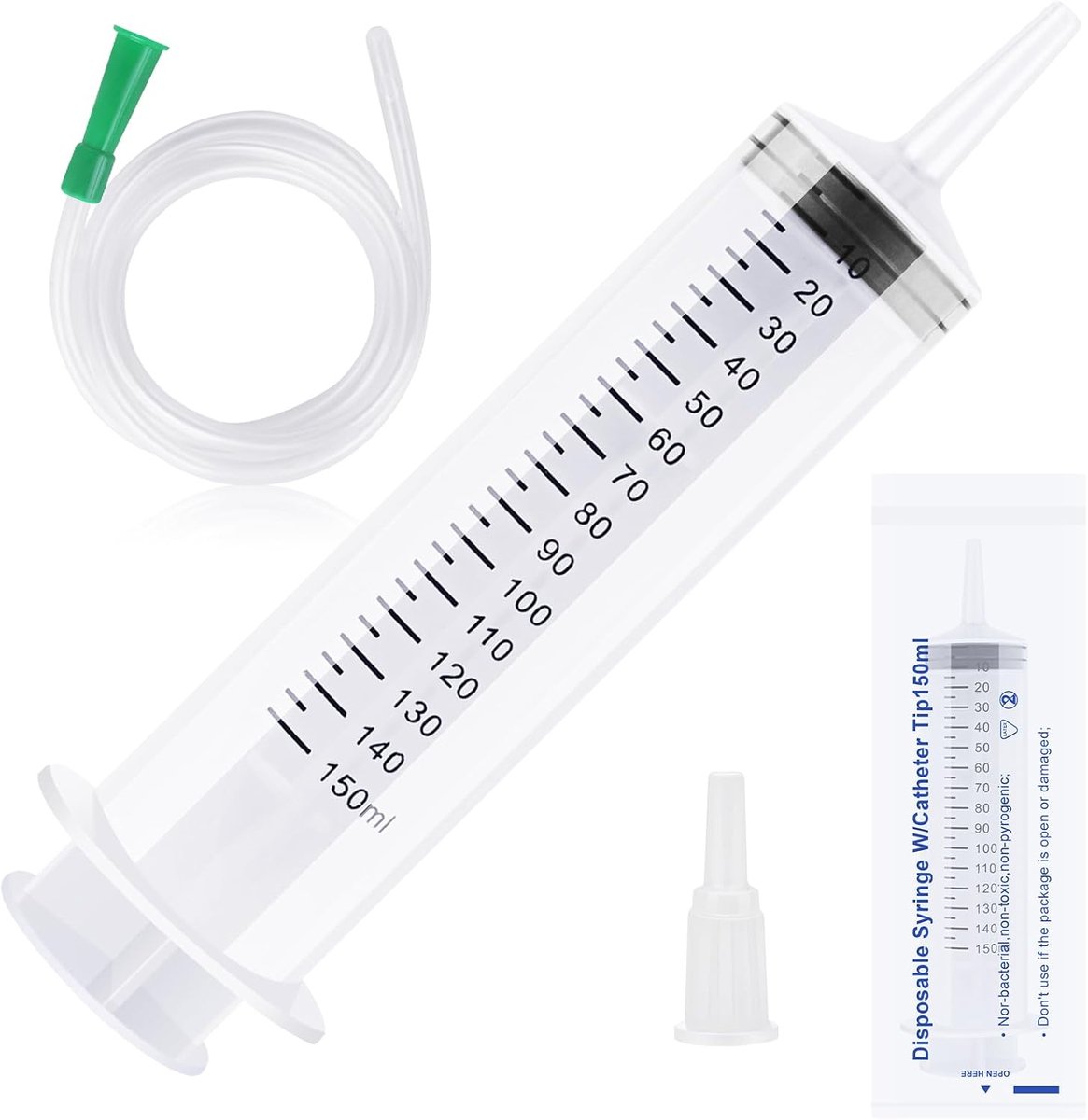 Spuit 150/250/350/550 ml met slang - grote herbruikbare plastic spuit met dop, individueel verzegeld voor laboratorium, industrie, huisdiervoeding (150 ml)