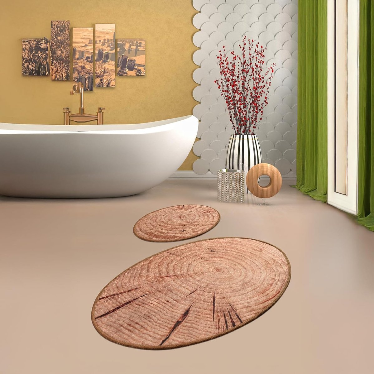 Badmat set 2-delig - 60 x 100 + 50 x 60 cm - Hout, ovaal design - Waterabsorberend, antislip - SnelShoppen