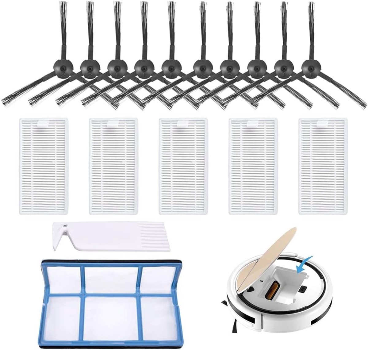 Reserveonderdelen, stofzuigeronderdelen, filterborstel, reserveonderdelen, accessoireset met 1primaire filter + 5 filters + 10 zijborstels + 1 reinigingsborstel, voor ILife V3 V3s V5 V5s V5s Pro