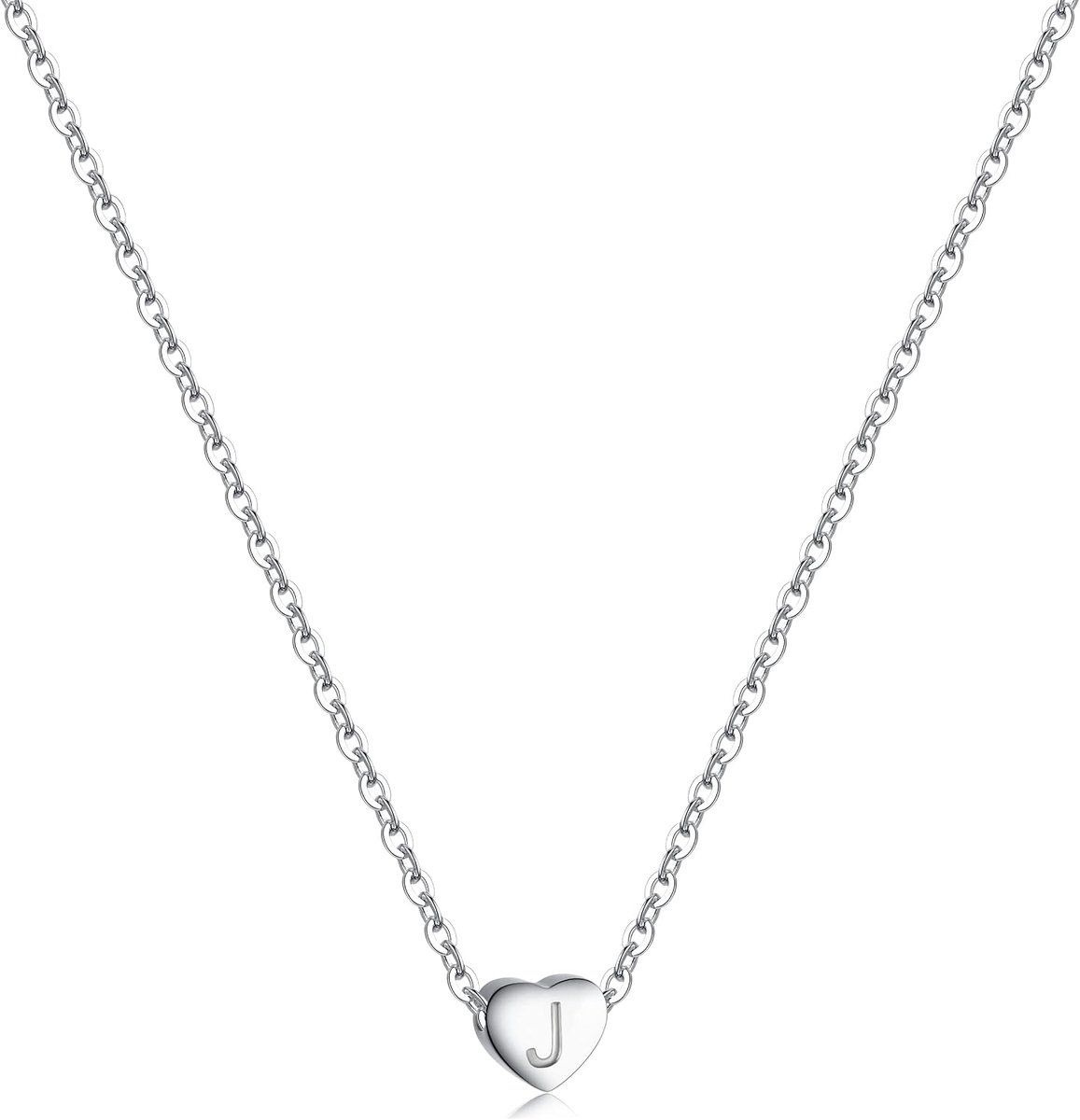 Roestvrijstalen damesketting, zilverkleurig, hanger met initiaal, A-Z letterketting, hartvormige hanger van roestvrij staal, lengte 38 + 5 cm