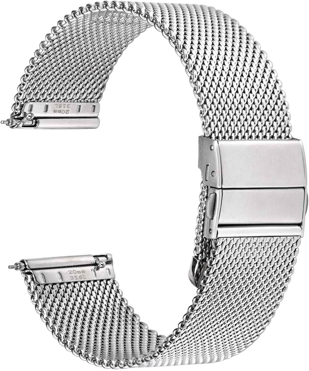 Mesh geweven metalen horlogeband voor dames en heren, roestvrij staal 316L, snelsluiting, verbeterde vouwsluiting, bandbreedte 14 mm, 16 mm, 18 mm, 20 mm, 22 mm