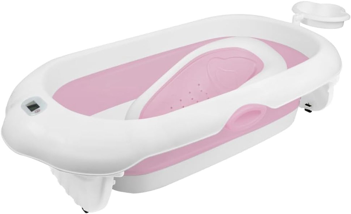 Opvouwbaar babybad met babybadkussen en digitale thermometer, babybadkuip voor thuis en op reis, gemakkelijk te reinigen (roze)