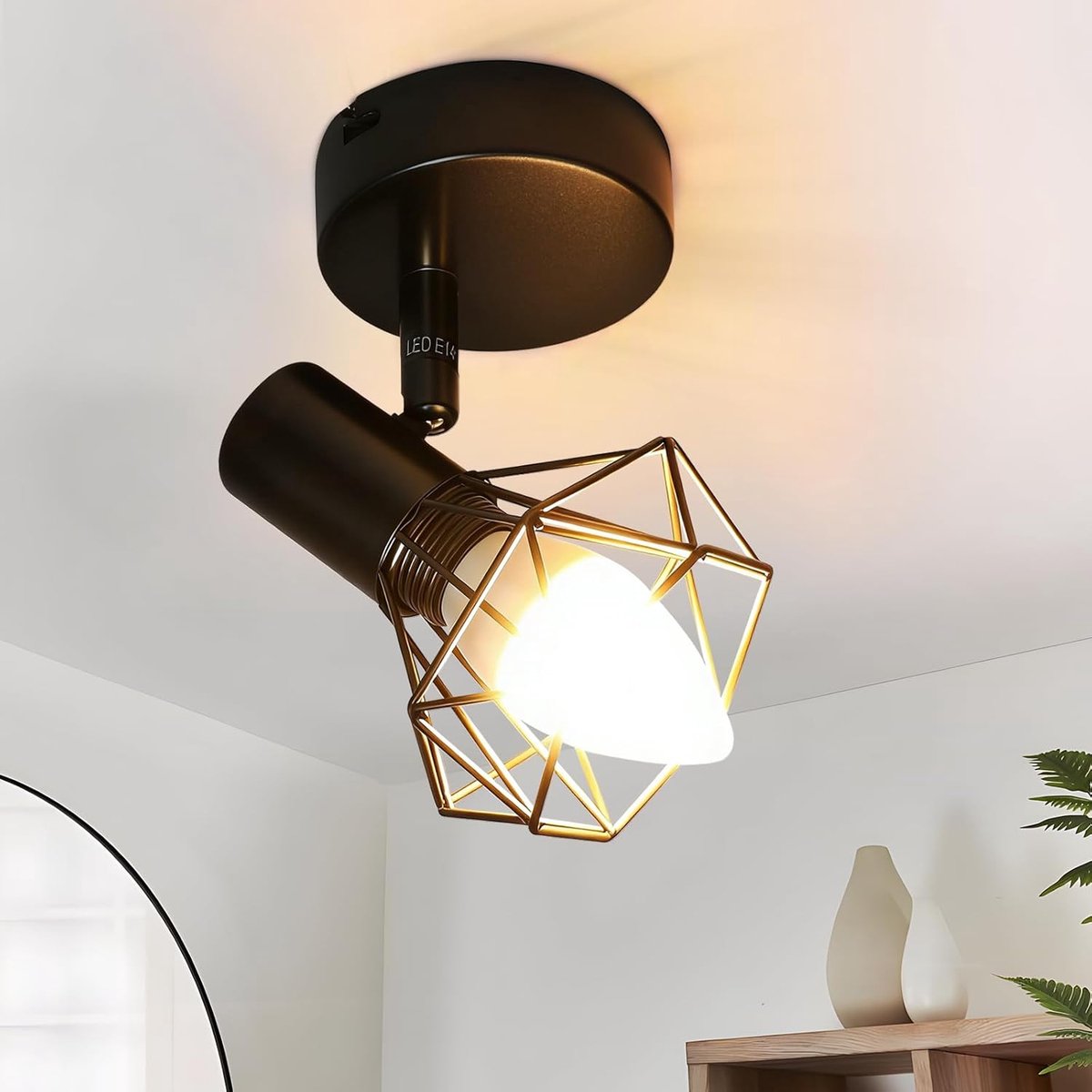 Plafondlamp 1 spot draaibaar zwart plafondspot E14 | verstelbaar vintage 1 vlam wandlamp 350 graden voor hal kantoor slaapkamer woonkamer keuken max. 40 W