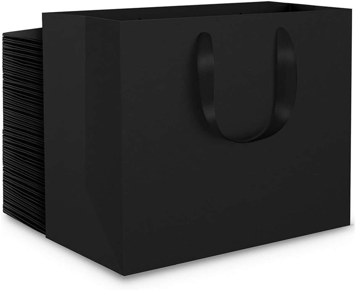 Zwarte Kraft Zakken - 50 Stuks 250GSM Kleine Zwarte Papieren Zakken S 22x10x18cm - Papieren Zakken met Handvatten -Zwarte Geschenkzakken- Zwarte Geschenkverpakkingstas
