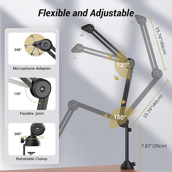 Yeti Microfoon Boom Arm, Tonor Microfono Stand Desk met High Riser voor Shure Rode Razer Elgato, volledig verstelbaar perfect voor podcasts, streaming, gaming, thuiskantoor, opname T50 — afbeelding 4