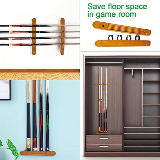 Biljartstokhouder - Keu houder - Biljartkamer organiseren - 4 zachte frame clips - 27 x 3 x 3 cm - Houtkleur — afbeelding 2