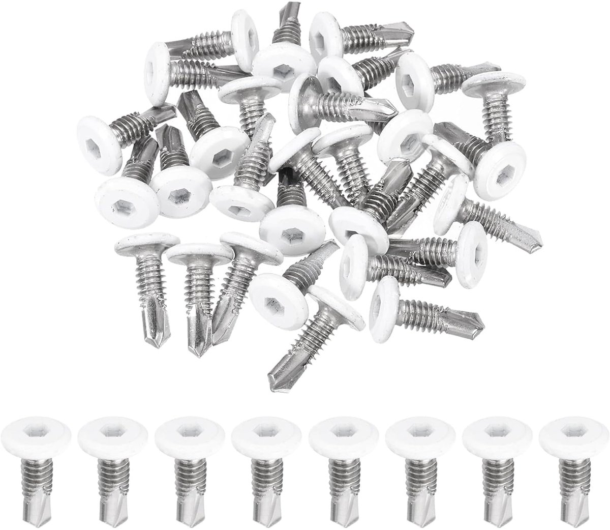 Zelftappende schroeven, roestvrij staal, M6 x 19 mm, wit met platte kop, binnenzeskantige boorschroeven, zilver, lenskopschroeven, zelftappende binnenzeskantschroeven, 30 stuks
