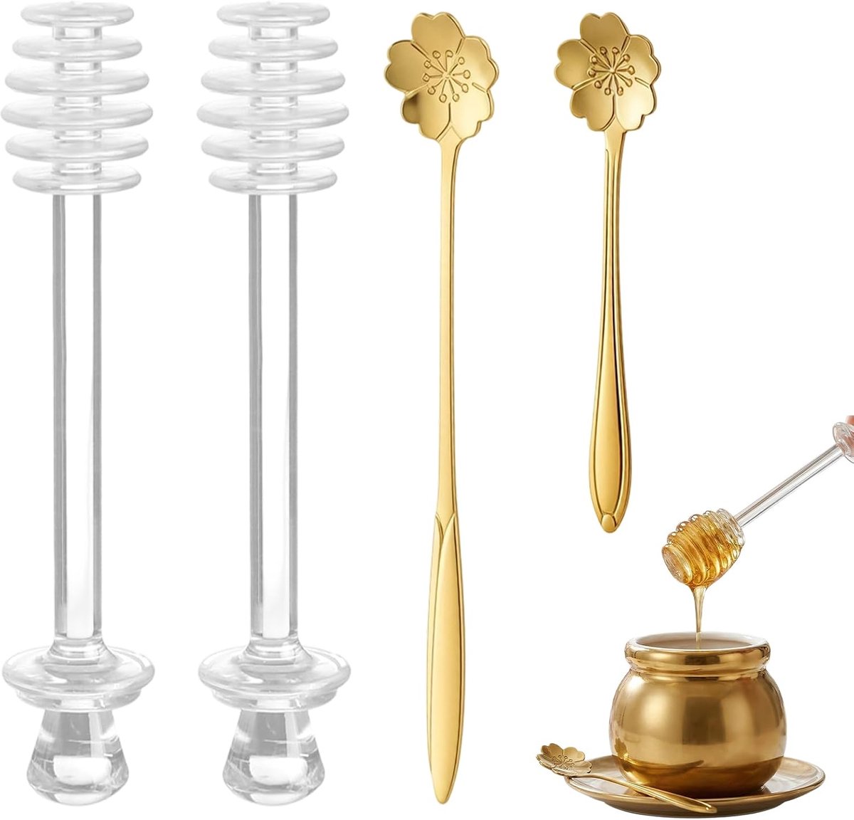 Honingstokjes en honinglepel, 2 stuks transparante honingstokjes en 2 stuks roestvrijstalen honinglepels met gouden kersenbloesem, voor 500 g, jam, huwelijksgeschenken en doopgeschenken