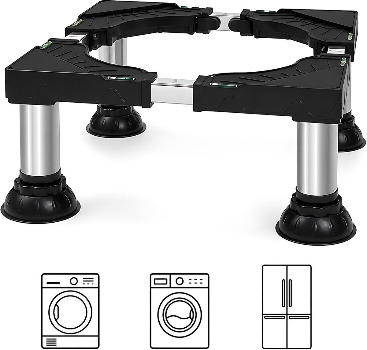 Verstelbare wasmachineverhoger - 40-65 x 40-65 x 21-24 cm - onderstel met 4 antislipvoeten en waterpas voor wasmachine en mini-koelkast - zwart