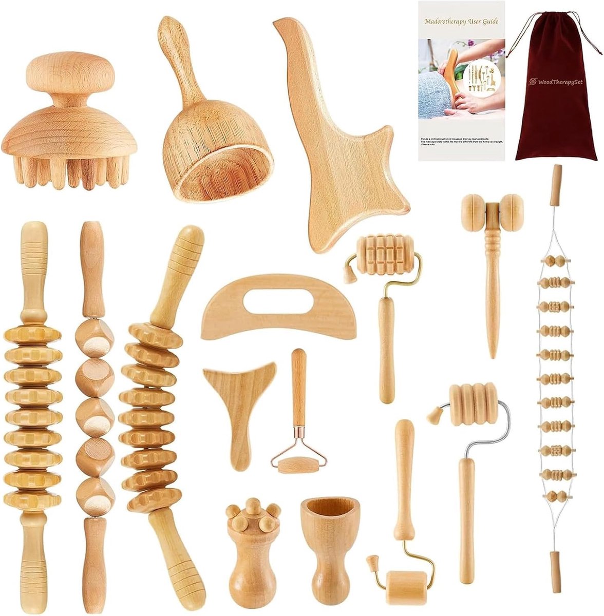 Massageset 16-delig - houten gereedschappen - voor lichaam en gezicht - ontspanning en wellness - SnelShoppen