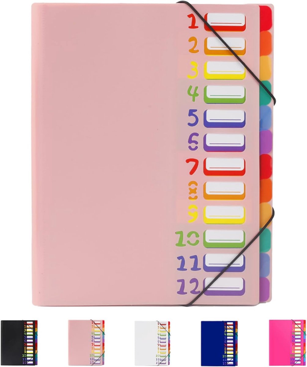 Uitbreidbare A4-map, documentorganisatiesysteem met 12 vakken, kleurrijke waterdichte opbergtas, geschikt voor school- en kantoorbenodigdheden (roze).