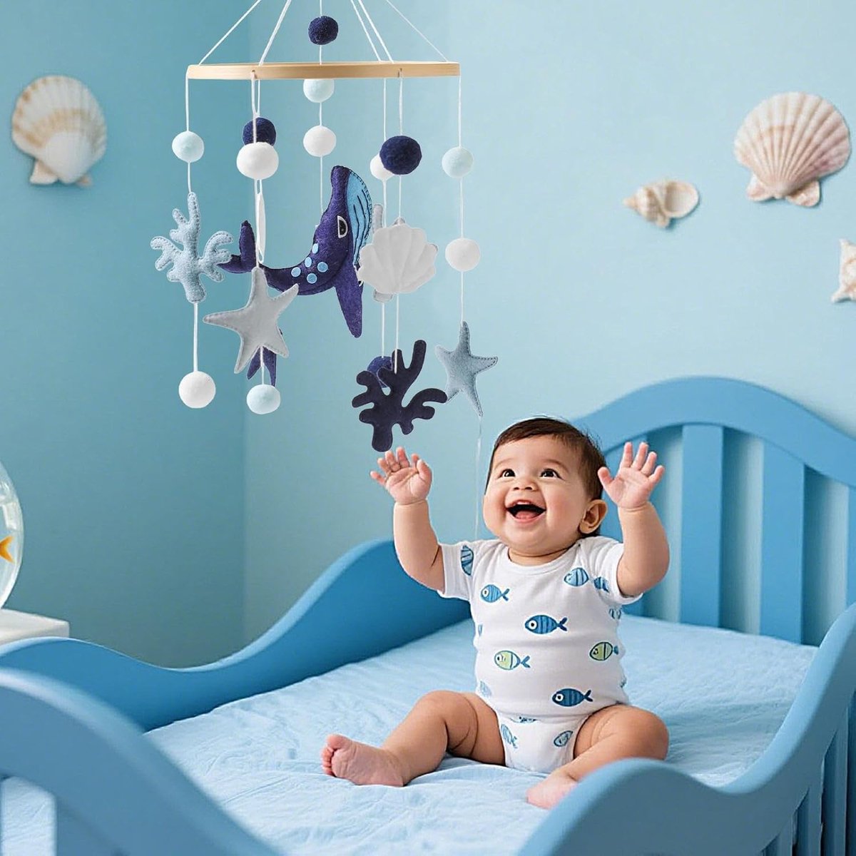 Babymobiel Zeethema - Wieghangend Speelgoed - Babykamer Decoratie - Visuele Stimulatie - 46 x 19.7 cm - Blauw