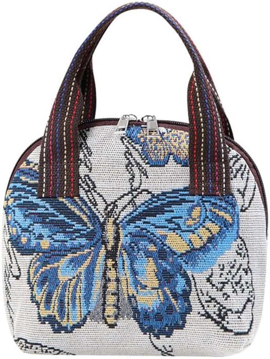 Schoudertas met rits - geborduurde stof - blauwe vlinder - stijlvolle tas voor dagelijks gebruik - SnelShoppen