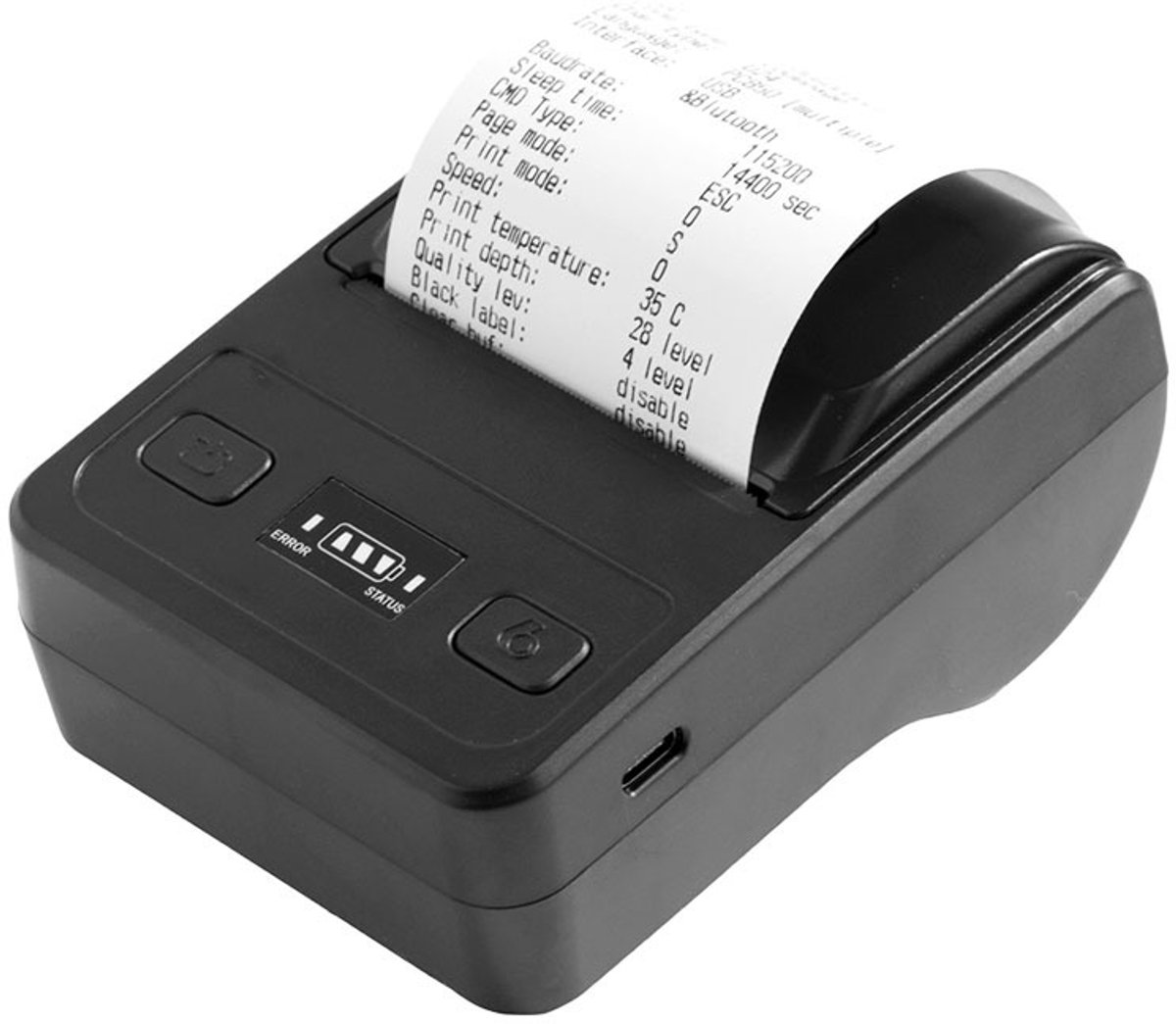 Draagbare thermische printer, draadloos, Bluetooth, geschikt voor Android, iOS en Windows, afdrukken in hoge resolutie, voor bonnen en etiketten, 58 mm papierrol, zwart