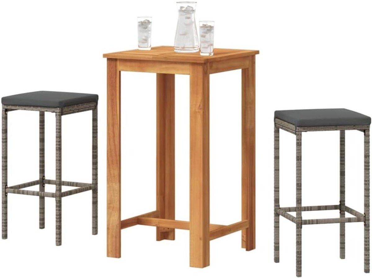 Barmeubelset rotan - Buitenbar set - Genieten op terras - Massief acacia tafelblad - 60x60x105 cm - Grijs