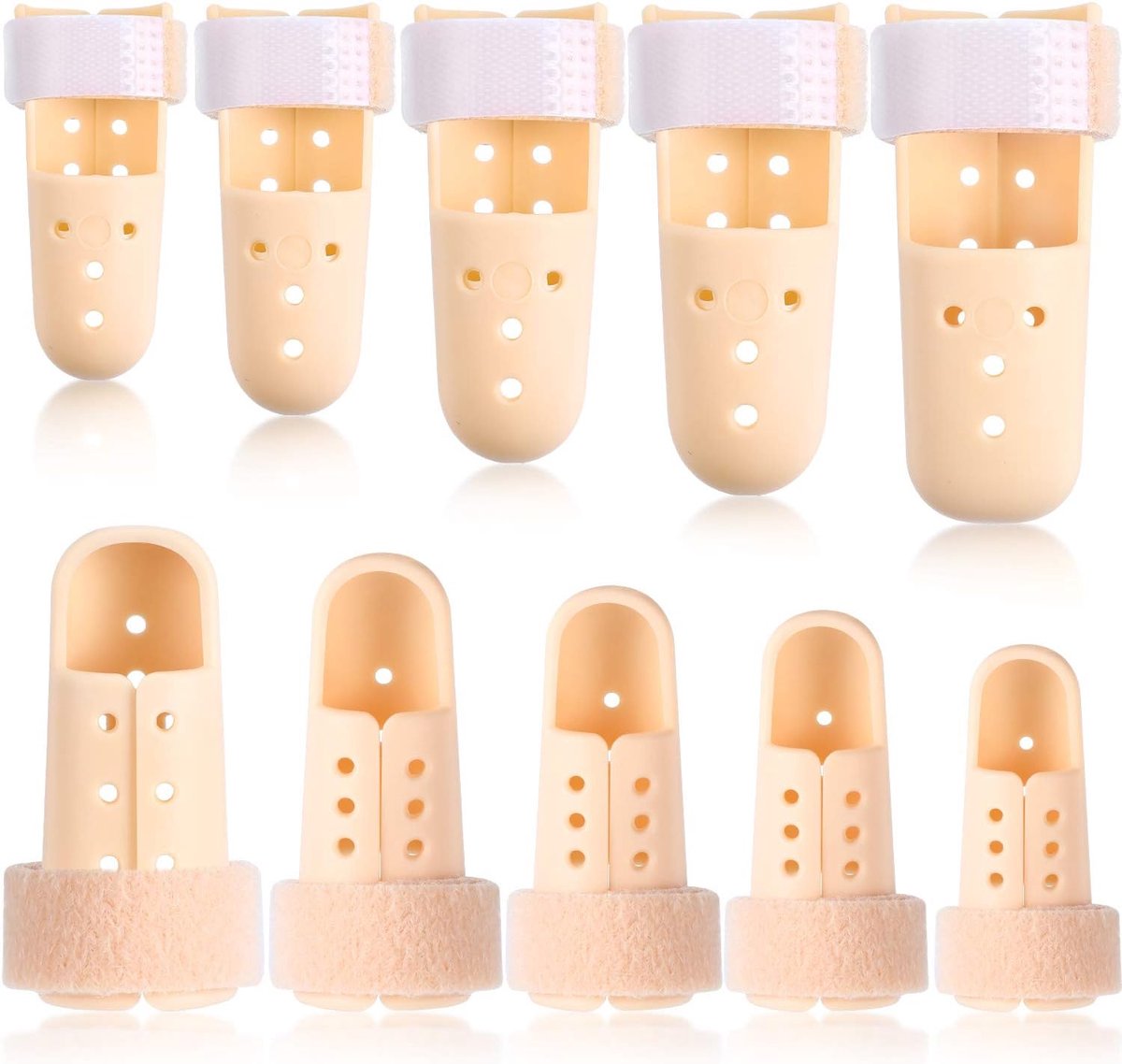 10-delige hamervormige vingerspalk, 5 maten, vingersteunbeugel, stabilisator, orthopedische plastic vingertoppen, geschikt voor duim, pink, middelvinger en wijsvinger (beige) | Plastic vingertopspalk, duimwondbeschermer, duimorthese
