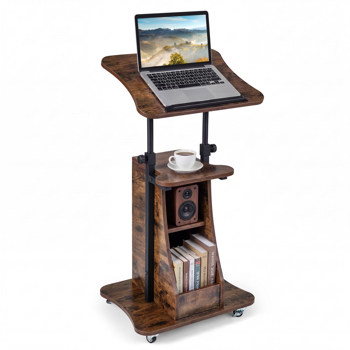 COSTWAY Mobiele Stabureau, in hoogte verstelbare lessenaar met kantelbaar blad & open vakken, schrijftafel om staand of zittend te werken, statafel op wielen voor thuiswerkplek (50 x 40 x 72–112 cm, Bruin)