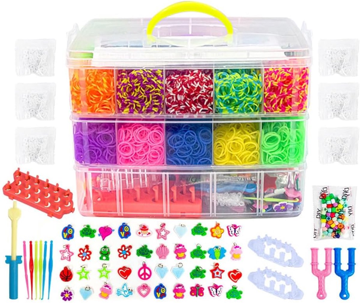 Rubberband set 15000 stuks - 3-laags opbergdoos - weefraam en haak - perfect voor armbanden en knutselen - SnelShoppen