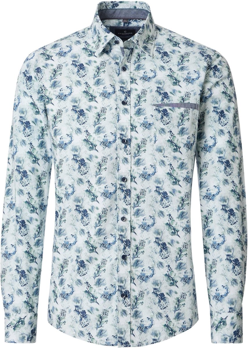 CASA MODA Sport casual fit overhemd - popeline - wit met blauw en groen dessin
